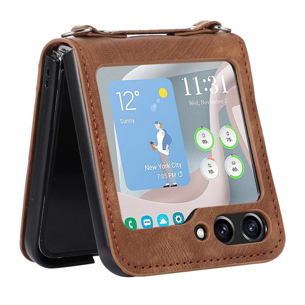 Til Samsung Galaxy Z Flip5 5G Skin Touch telefoncover Stødsikkert PU læder PC telefoncover med skulderrem