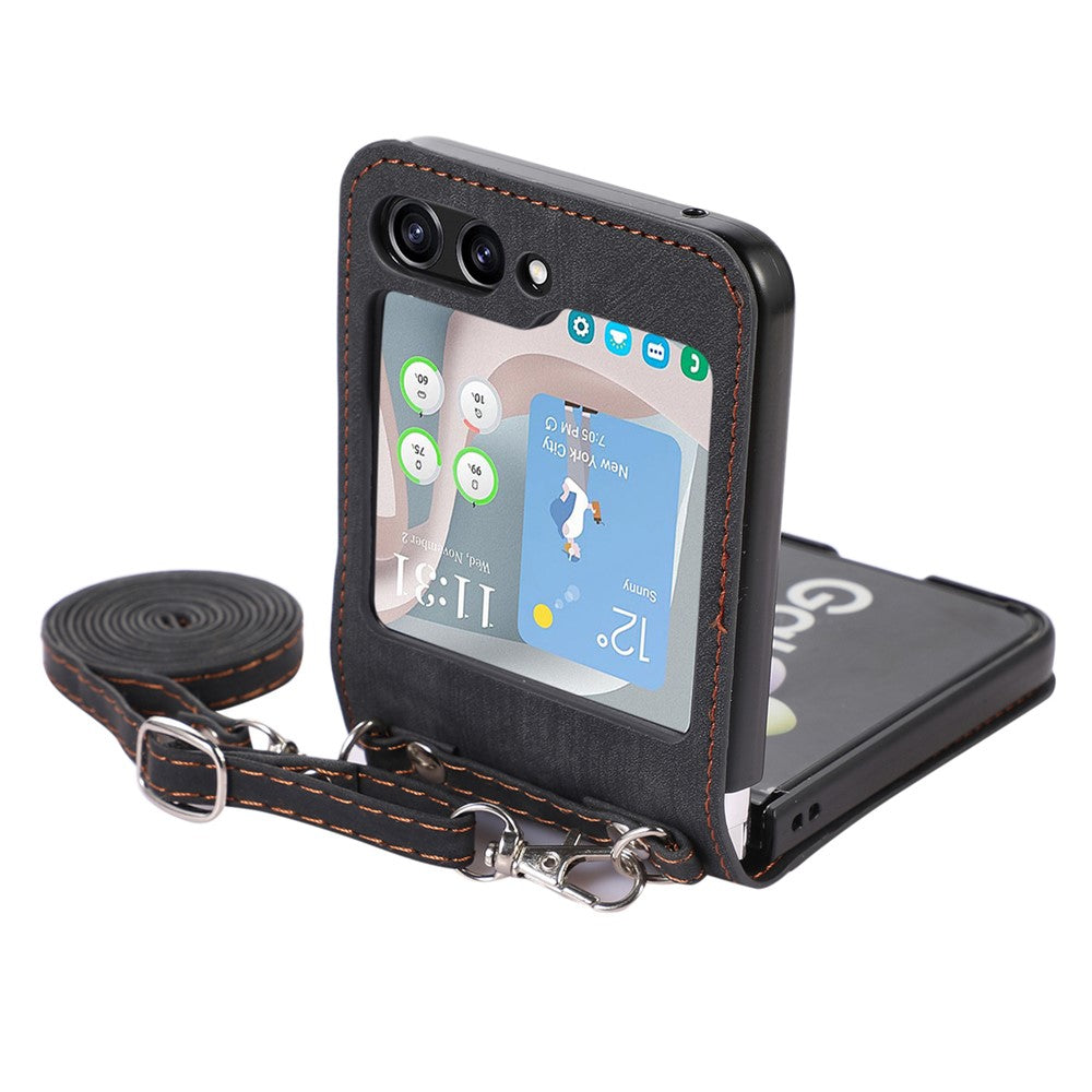Til Samsung Galaxy Z Flip5 5G Skin Touch telefoncover Stødsikkert PU læder PC telefoncover med skulderrem