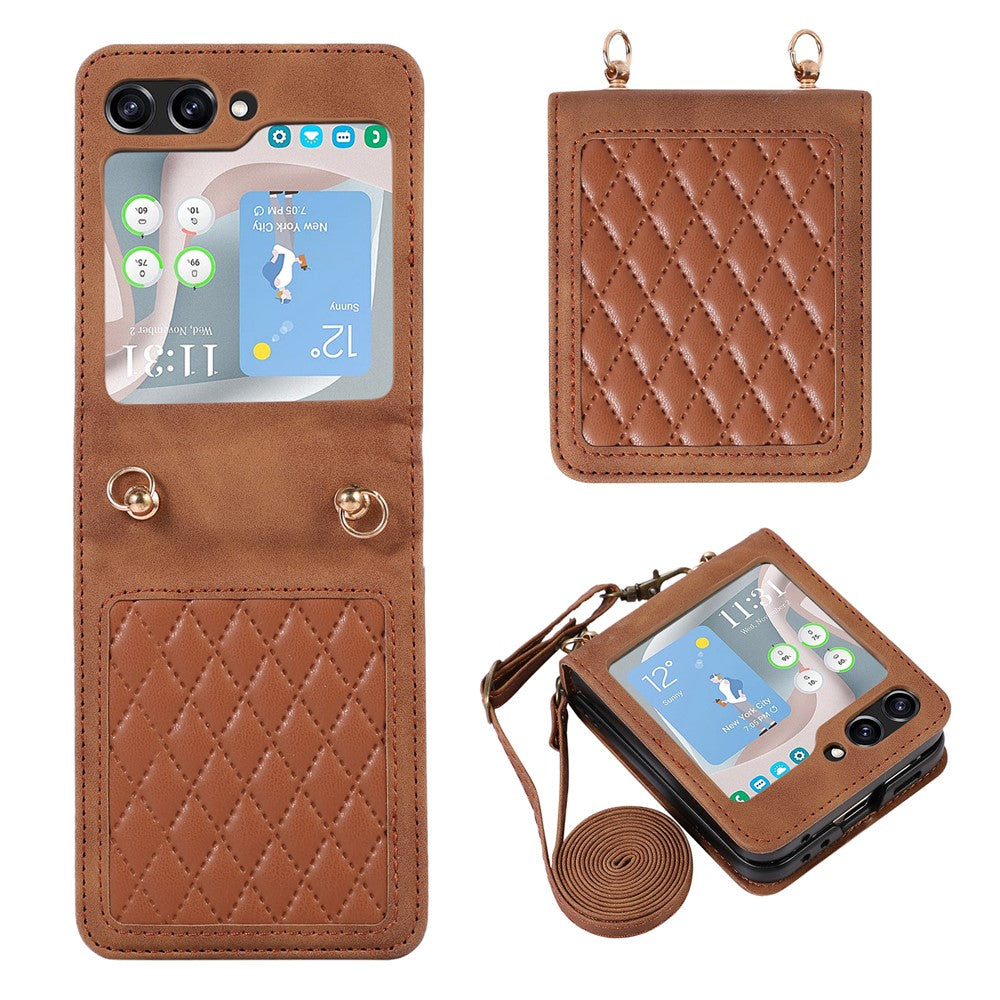 Grid-præget PU-læder PC-cover til Samsung Galaxy Z Flip5 5G Beskyttende telefonetui med skulderrem