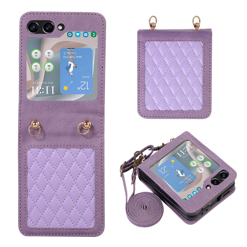 Grid-præget PU-læder PC-cover til Samsung Galaxy Z Flip5 5G Beskyttende telefonetui med skulderrem