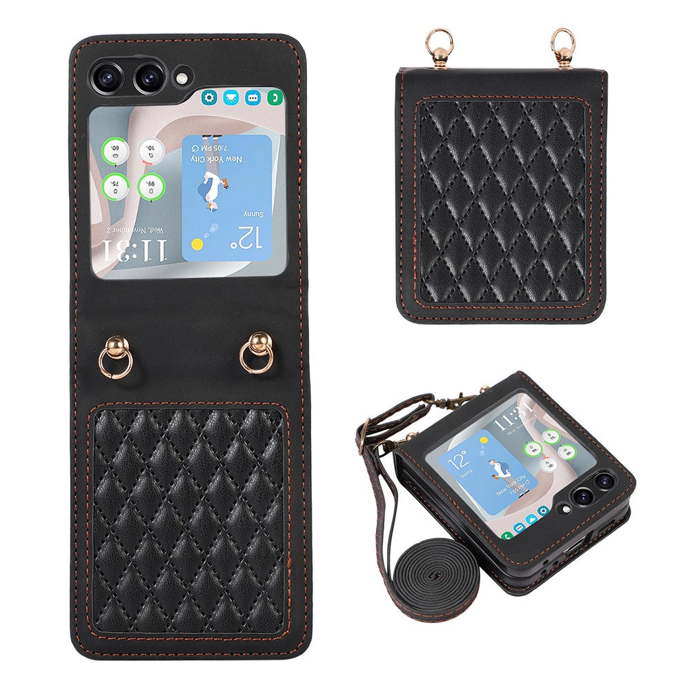 Grid-præget PU-læder PC-cover til Samsung Galaxy Z Flip5 5G Beskyttende telefonetui med skulderrem