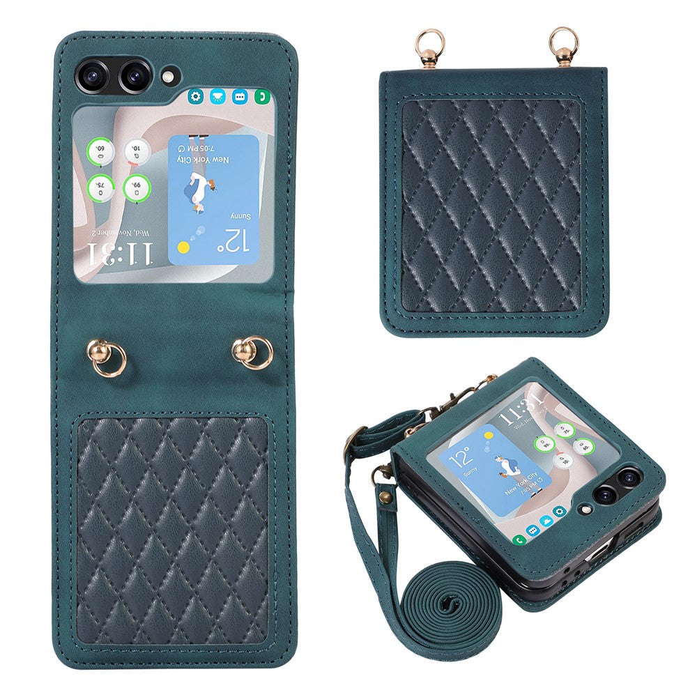 Grid-præget PU-læder PC-cover til Samsung Galaxy Z Flip5 5G Beskyttende telefonetui med skulderrem