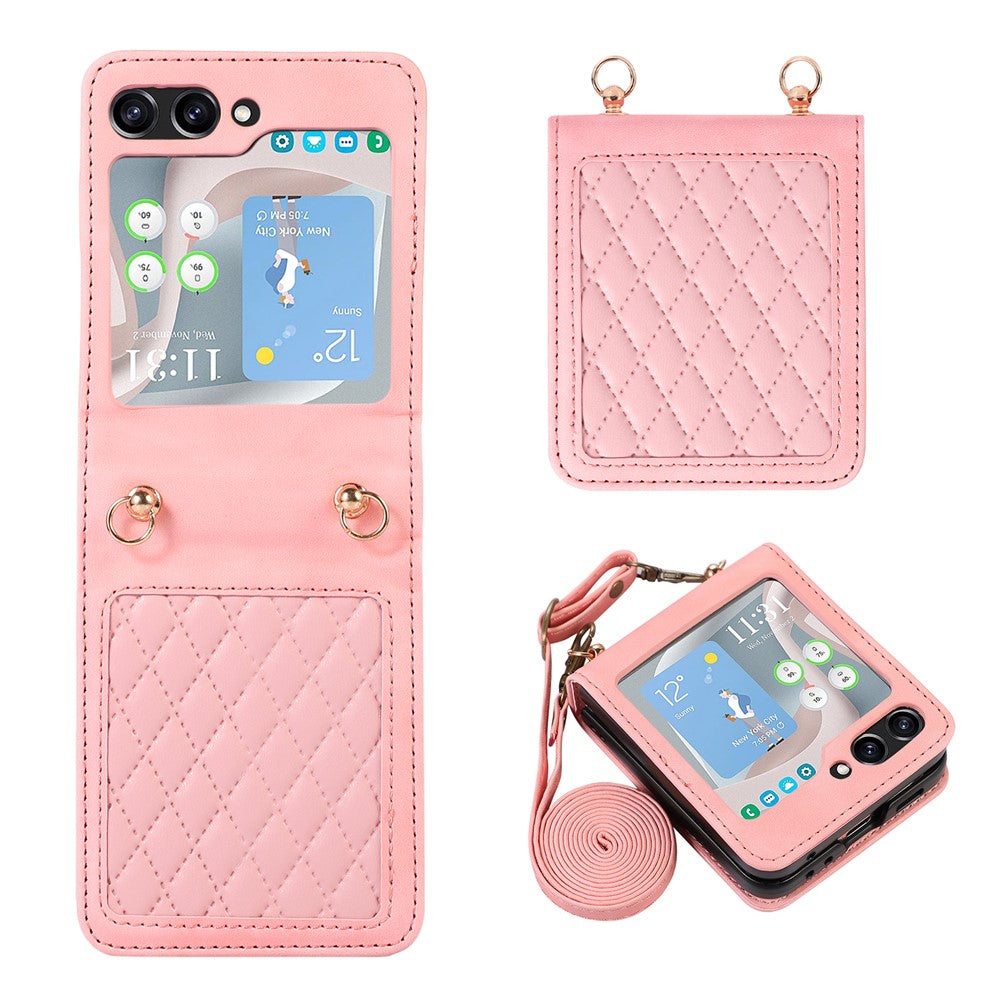 Grid-præget PU-læder PC-cover til Samsung Galaxy Z Flip5 5G Beskyttende telefonetui med skulderrem