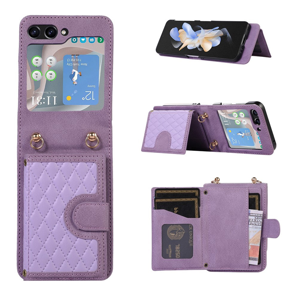 Grid Imprinted Protective Wallet Case for Samsung Galaxy Z Flip5 5G PU Leather PC Phone Cover with Shoulder Strap