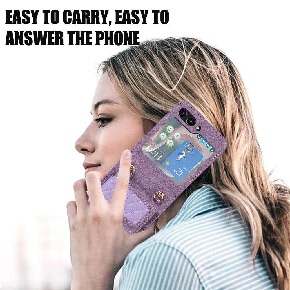 Grid Imprinted Protective Wallet Case for Samsung Galaxy Z Flip5 5G PU Leather PC Phone Cover with Shoulder Strap