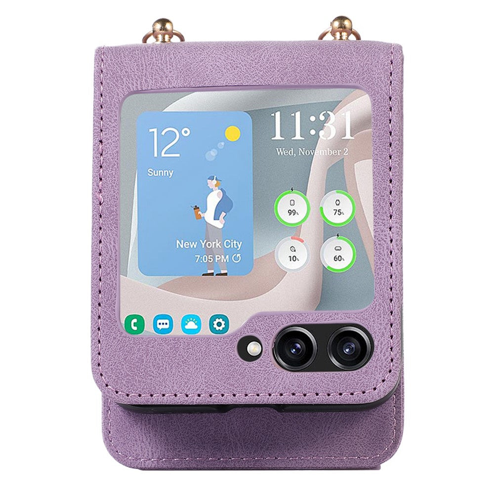 Grid Imprinted Protective Wallet Case for Samsung Galaxy Z Flip5 5G PU Leather PC Phone Cover with Shoulder Strap