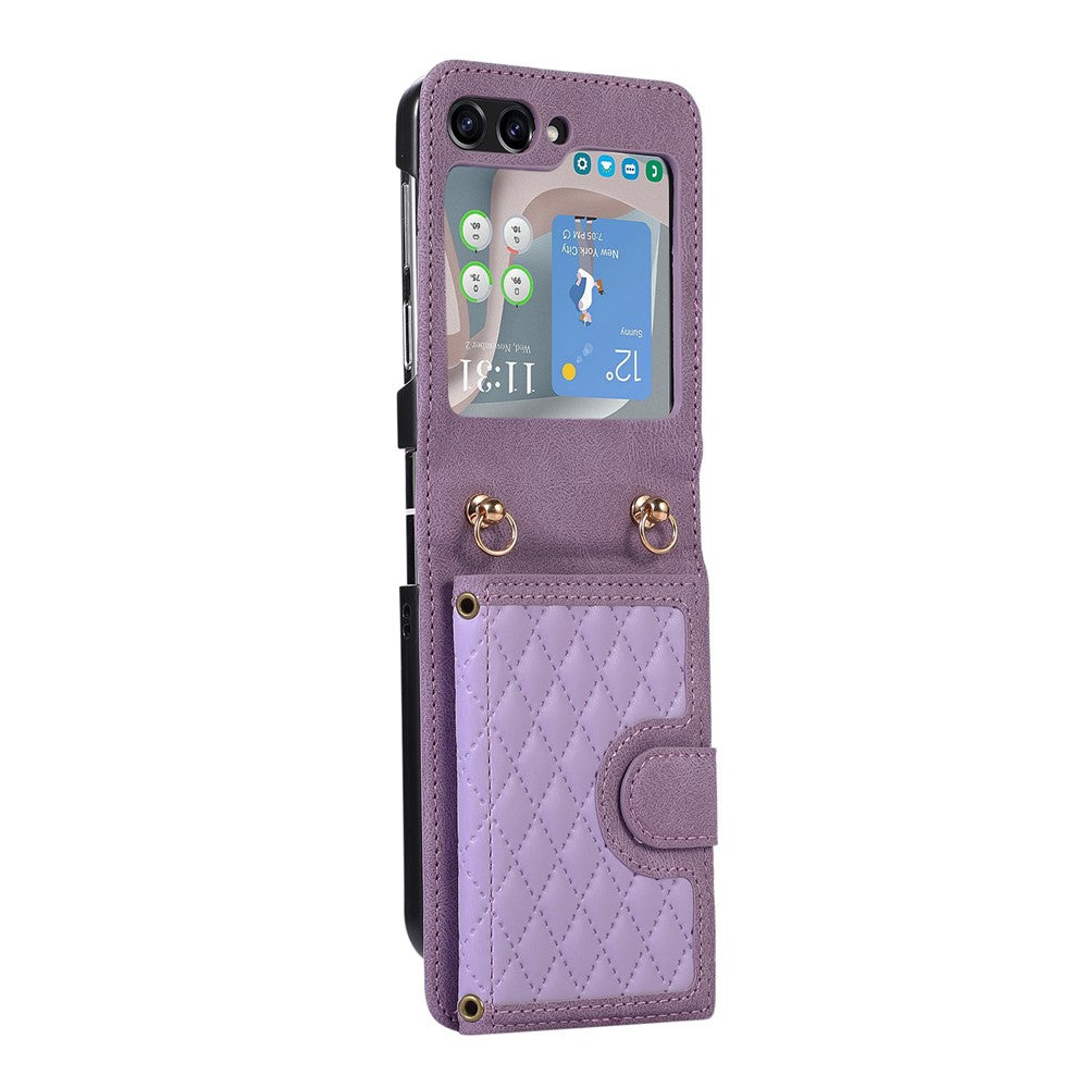 Grid Imprinted Protective Wallet Case for Samsung Galaxy Z Flip5 5G PU Leather PC Phone Cover with Shoulder Strap