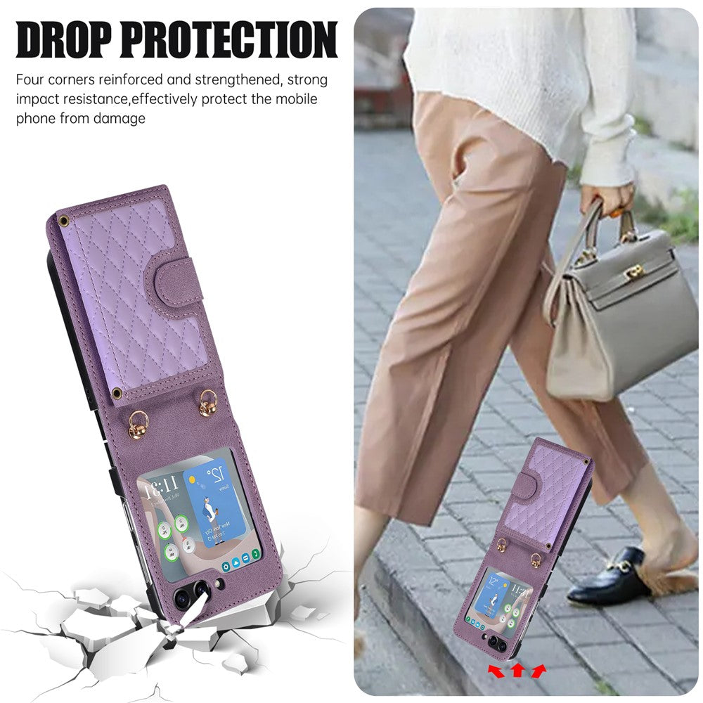 Grid Imprinted Protective Wallet Case for Samsung Galaxy Z Flip5 5G PU Leather PC Phone Cover with Shoulder Strap