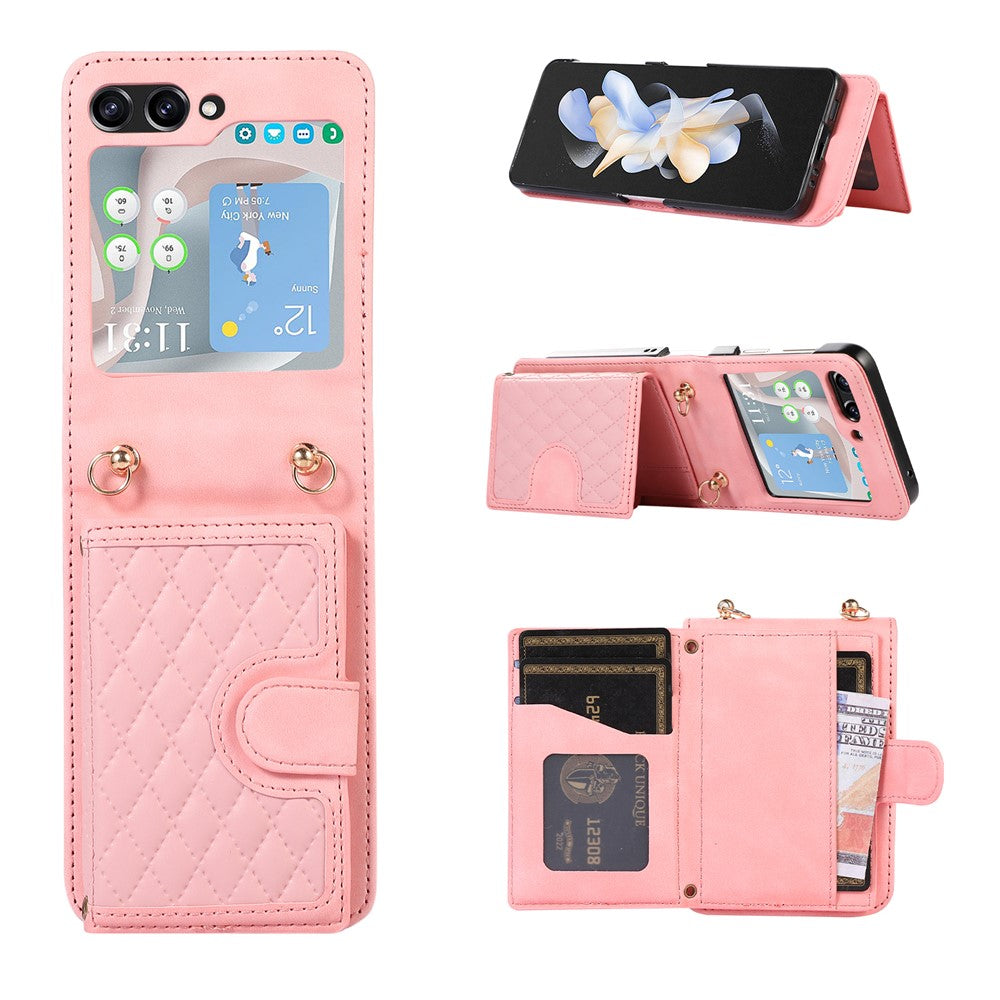 Grid Imprinted Protective Wallet Case for Samsung Galaxy Z Flip5 5G PU Leather PC Phone Cover with Shoulder Strap