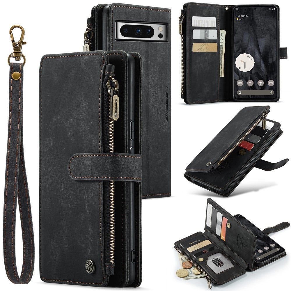 For Google Pixel 8 Pro Phone Cases with Strap CASEME C30 Zipper Multiple Card Holder PU Leather Cover