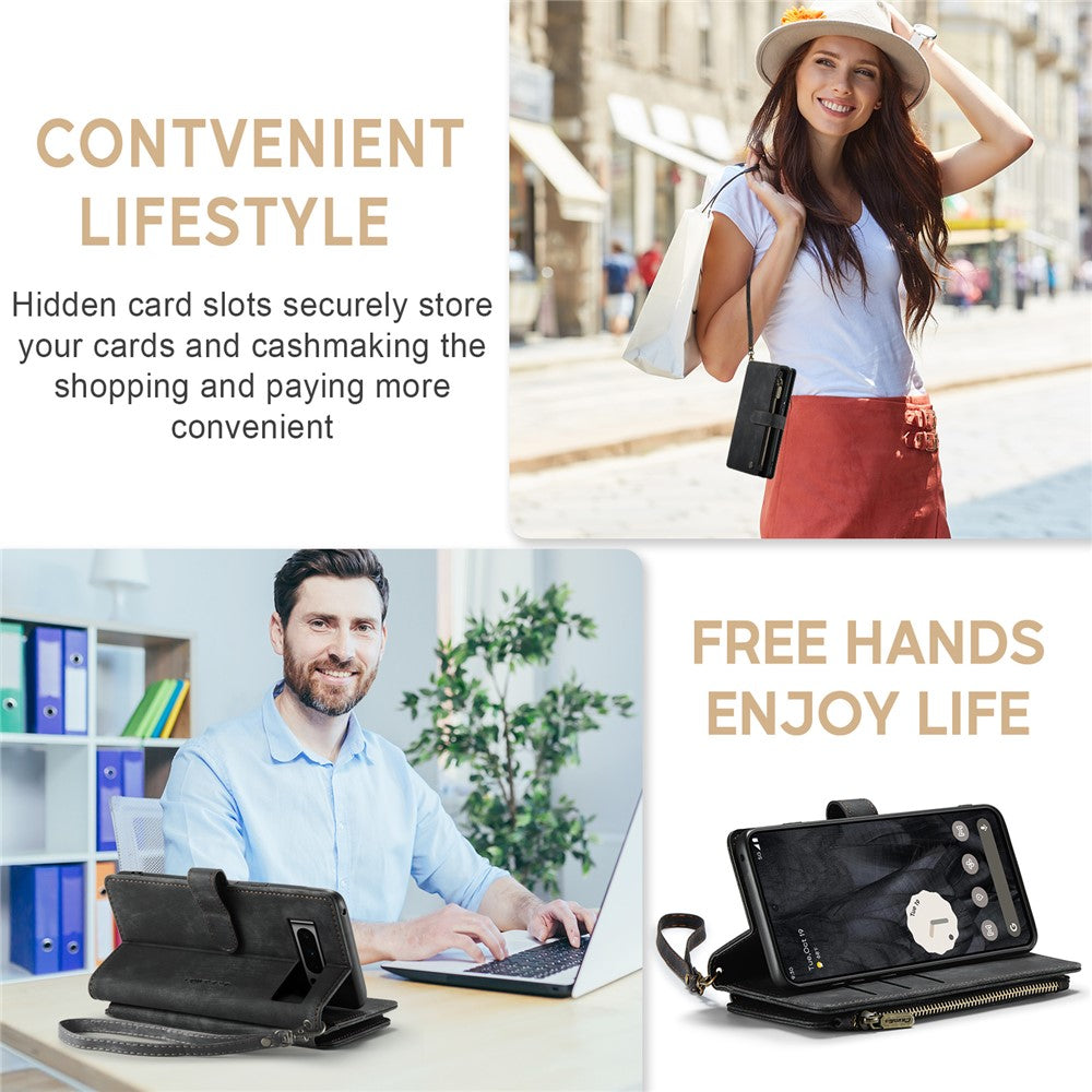 For Google Pixel 8 Pro Phone Cases with Strap CASEME C30 Zipper Multiple Card Holder PU Leather Cover