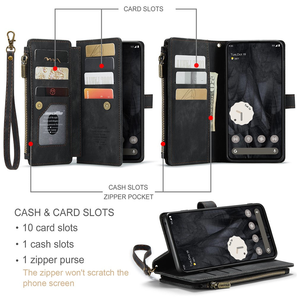 For Google Pixel 8 Pro Phone Cases with Strap CASEME C30 Zipper Multiple Card Holder PU Leather Cover