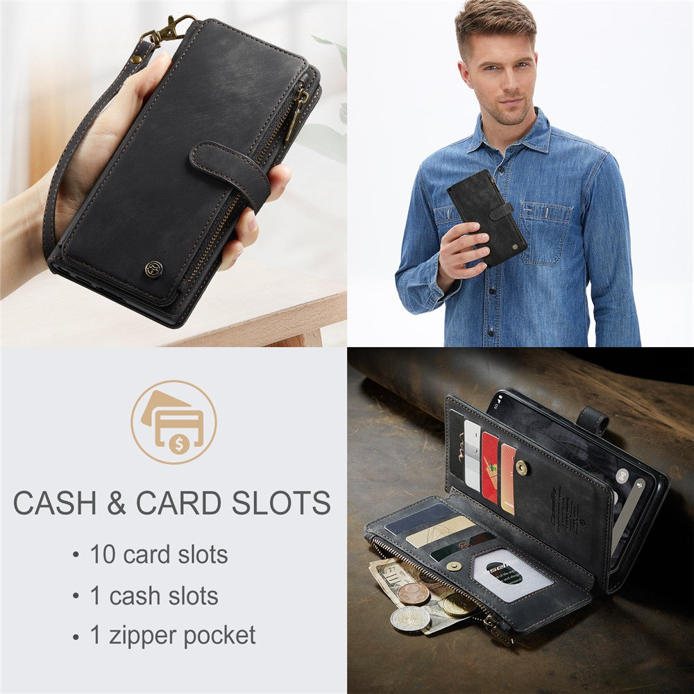 For Google Pixel 8 Pro Phone Cases with Strap CASEME C30 Zipper Multiple Card Holder PU Leather Cover