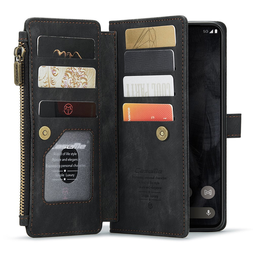 For Google Pixel 8 Pro Phone Cases with Strap CASEME C30 Zipper Multiple Card Holder PU Leather Cover