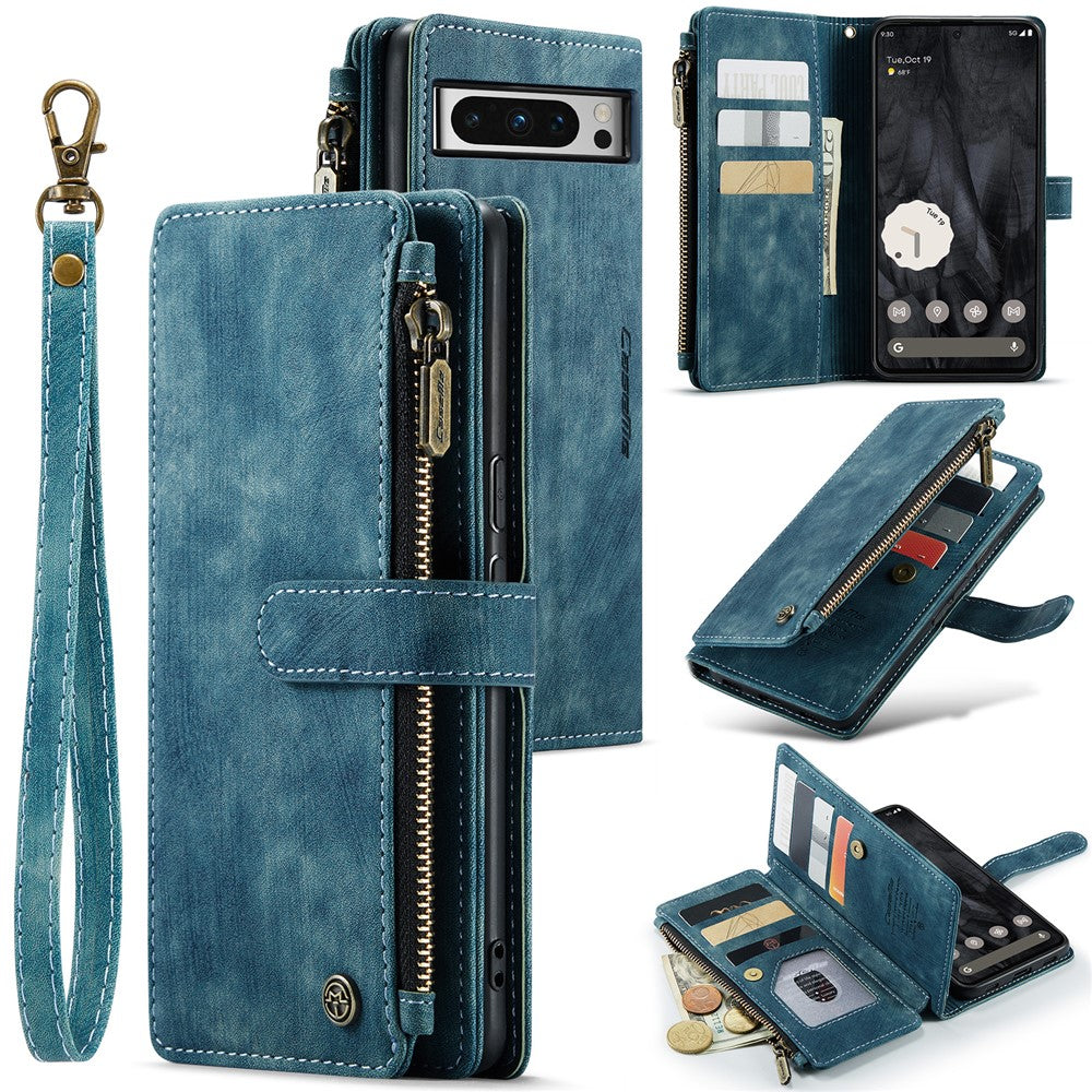 For Google Pixel 8 Pro Phone Cases with Strap CASEME C30 Zipper Multiple Card Holder PU Leather Cover