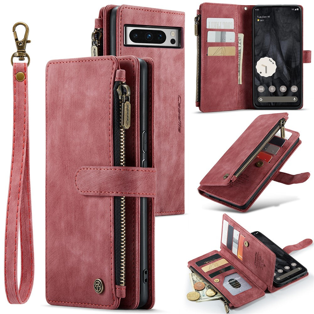 For Google Pixel 8 Pro Phone Cases with Strap CASEME C30 Zipper Multiple Card Holder PU Leather Cover