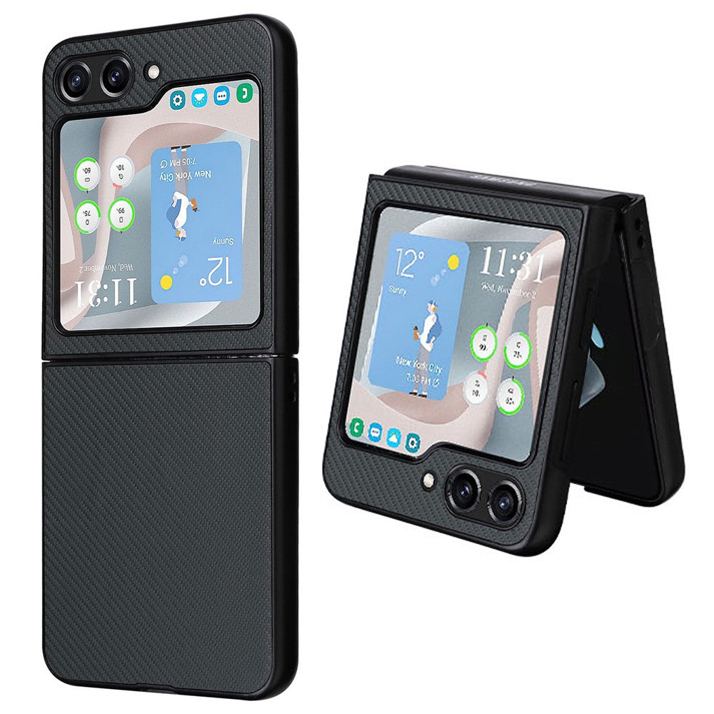 Til Samsung Galaxy Z Flip5 5G telefoncover med kulfibertekstur, PU-læder + PC beskyttelsescover