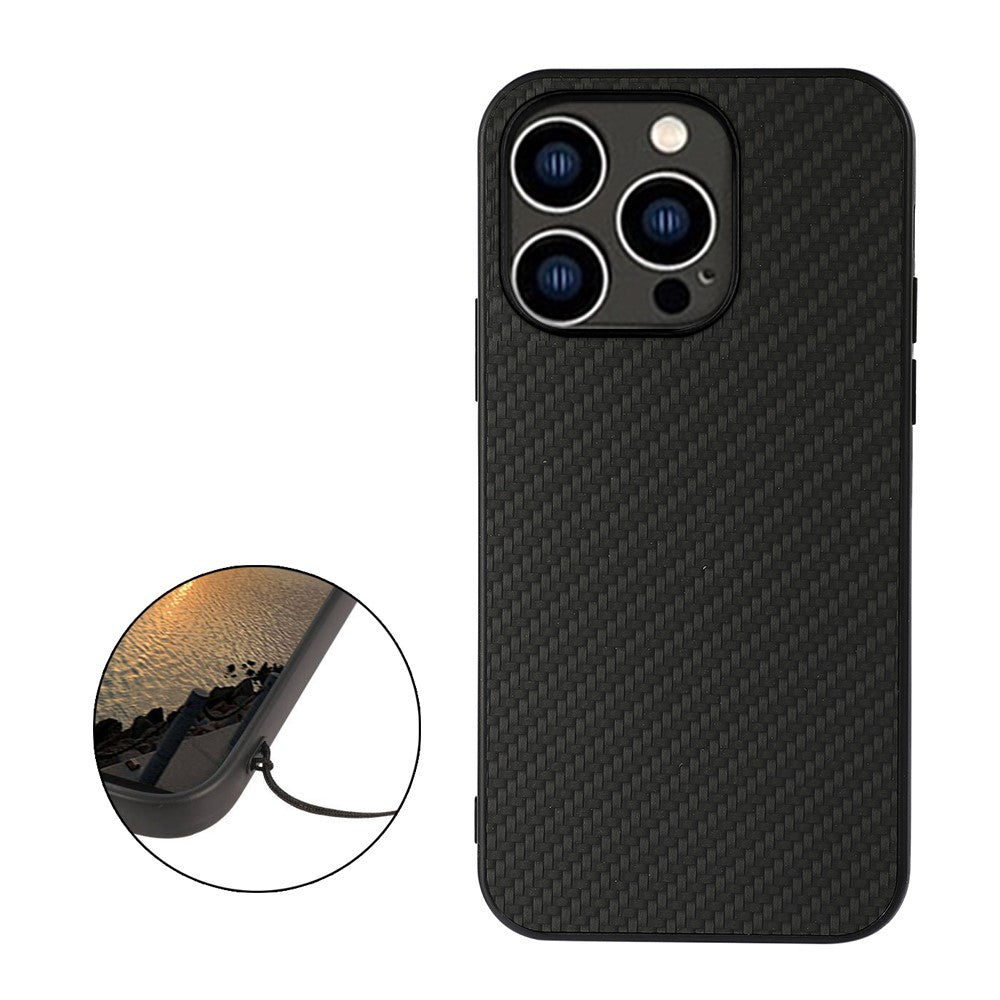 For iPhone 15 Pro Max Carbon Fiber Texture Anti-scratch Cover Leather Coated TPU Phone Case