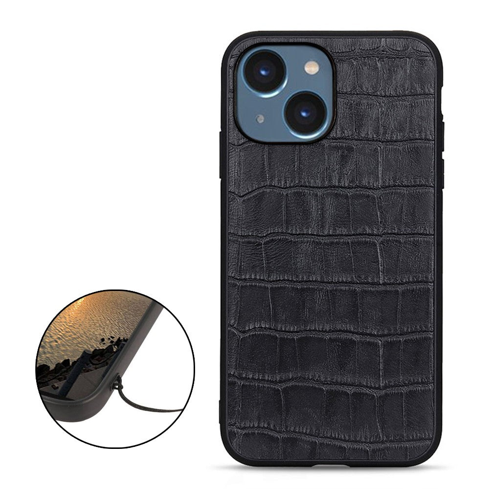 For iPhone 15 Dustproof Genuine Cow Leather+TPU+PC Phone Case Crocodile Texture Phone Cover