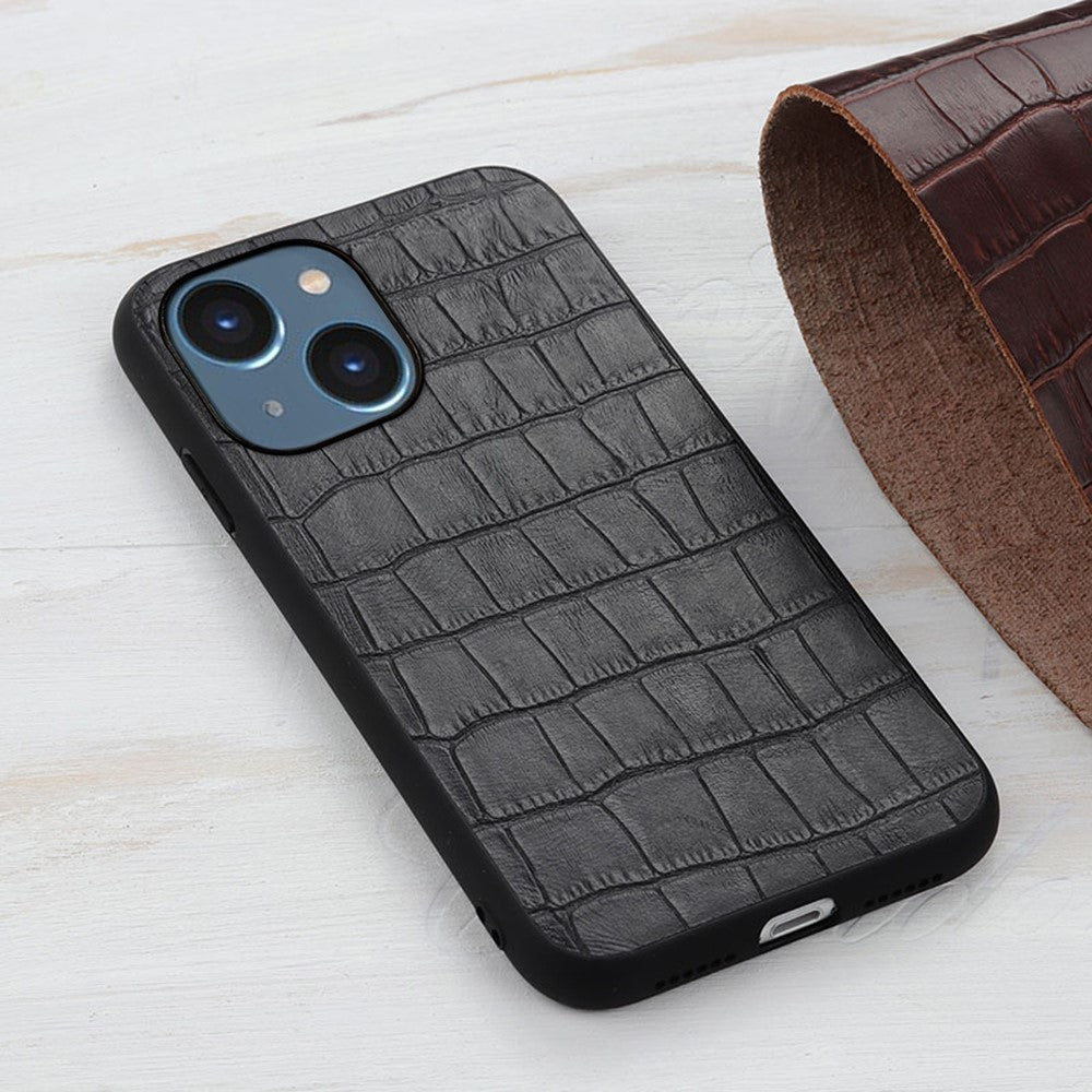 For iPhone 15 Dustproof Genuine Cow Leather+TPU+PC Phone Case Crocodile Texture Phone Cover