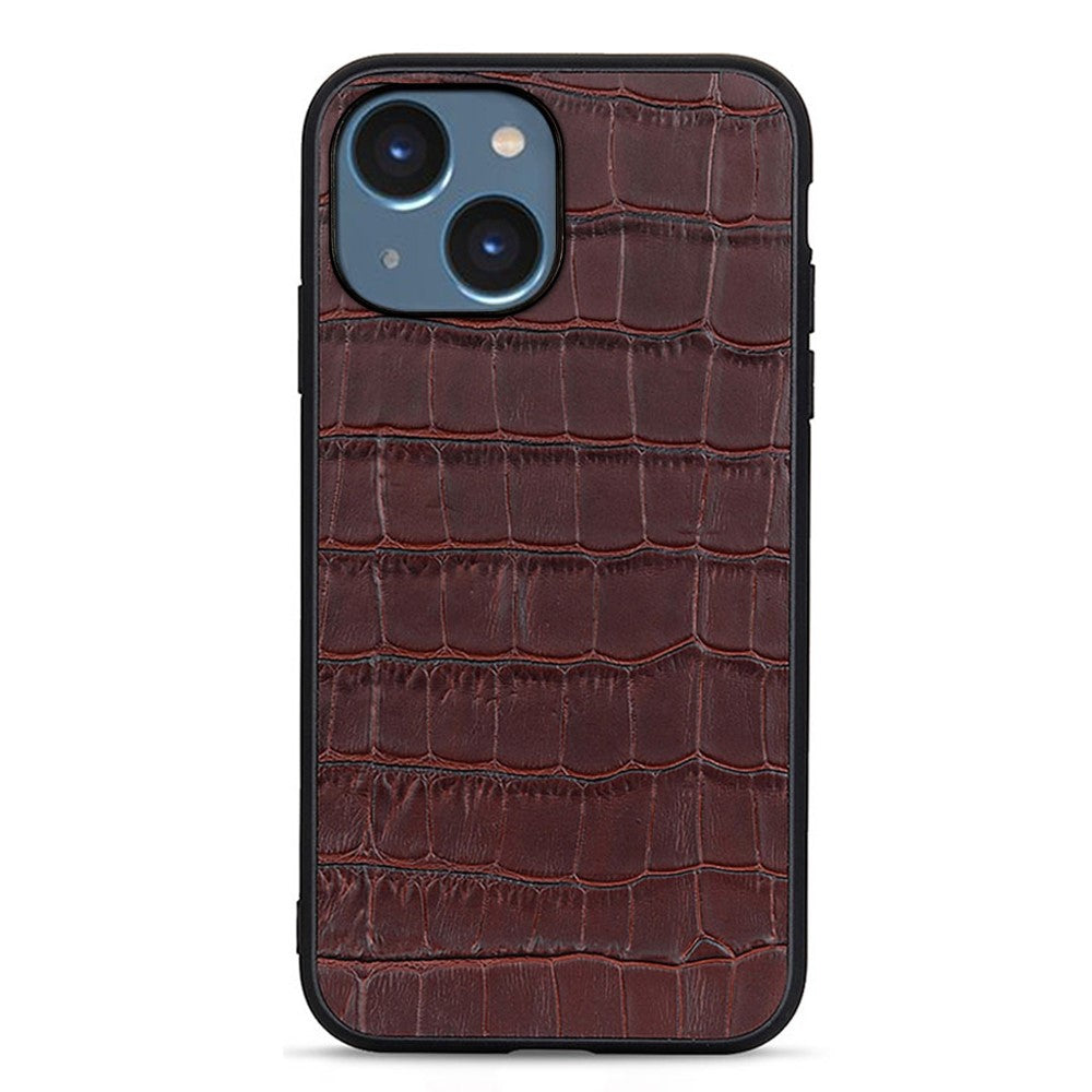 For iPhone 15 Dustproof Genuine Cow Leather+TPU+PC Phone Case Crocodile Texture Phone Cover