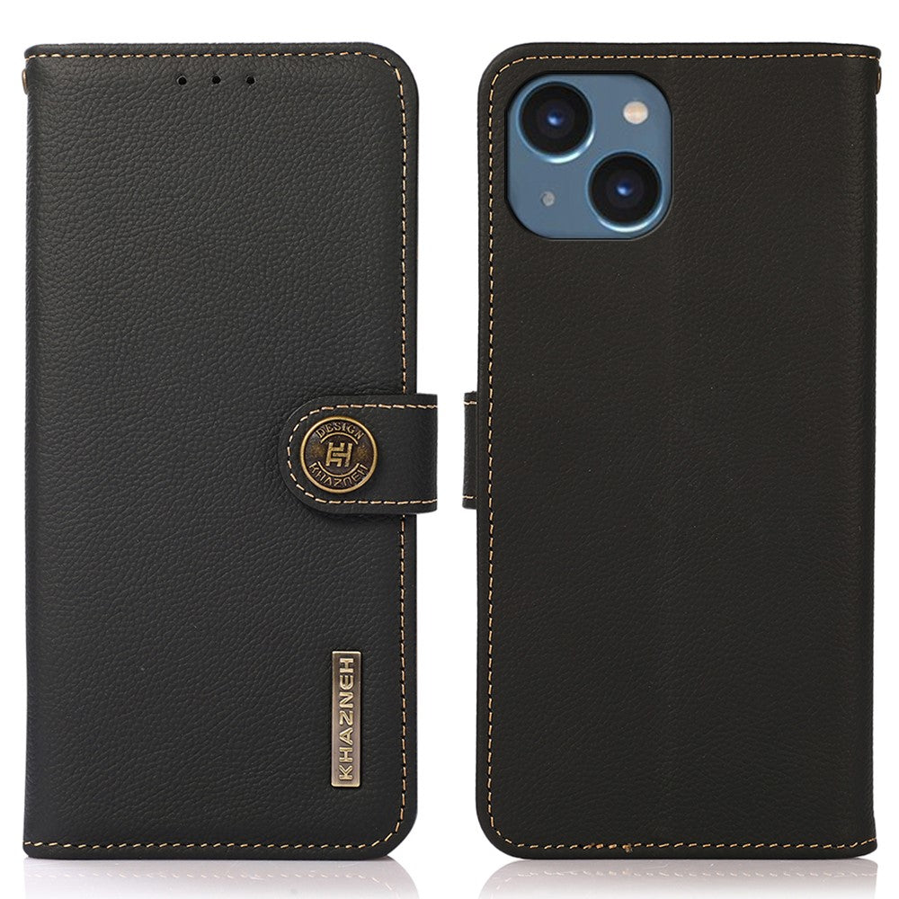 KHAZNEH For iPhone 15 Drop Protection RFID Blocking Wallet Cell Phone Case Genuine Cow Leather Stand Phone Cover
