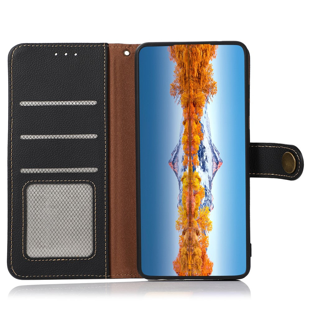 KHAZNEH For iPhone 15 Drop Protection RFID Blocking Wallet Cell Phone Case Genuine Cow Leather Stand Phone Cover