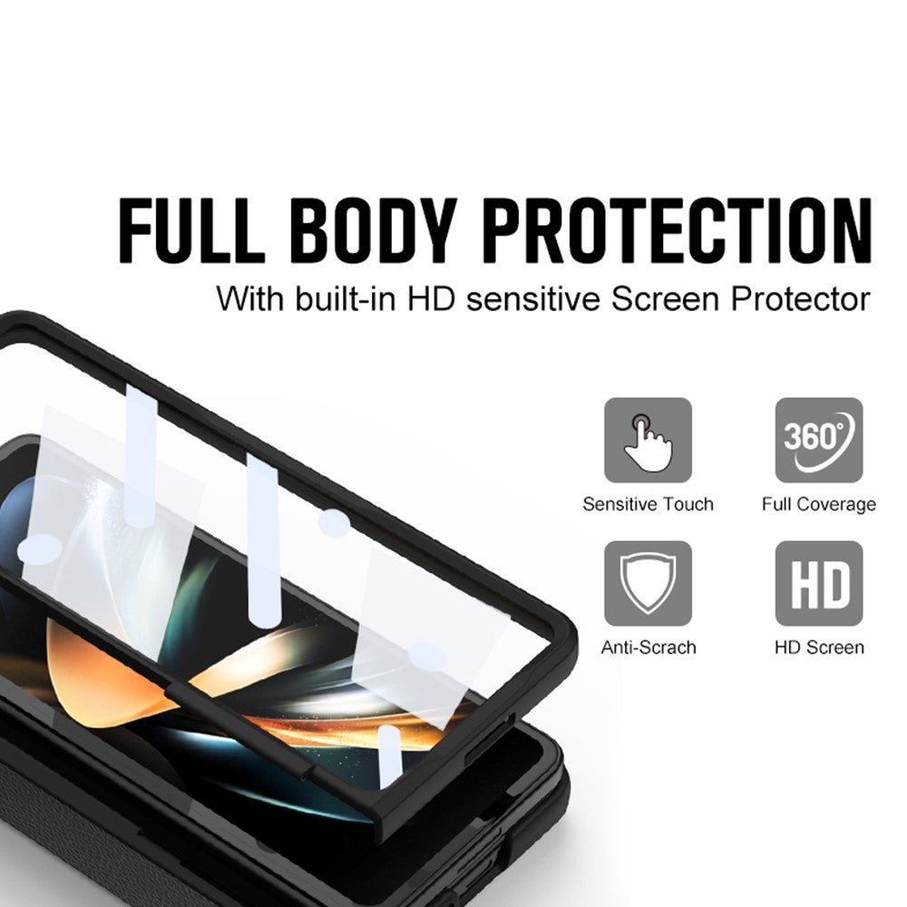 For Samsung Galaxy Z Fold5 5G Kickstand Phone Case PU Leather+PC Shockproof Protective Cover with Tempered Glass Film