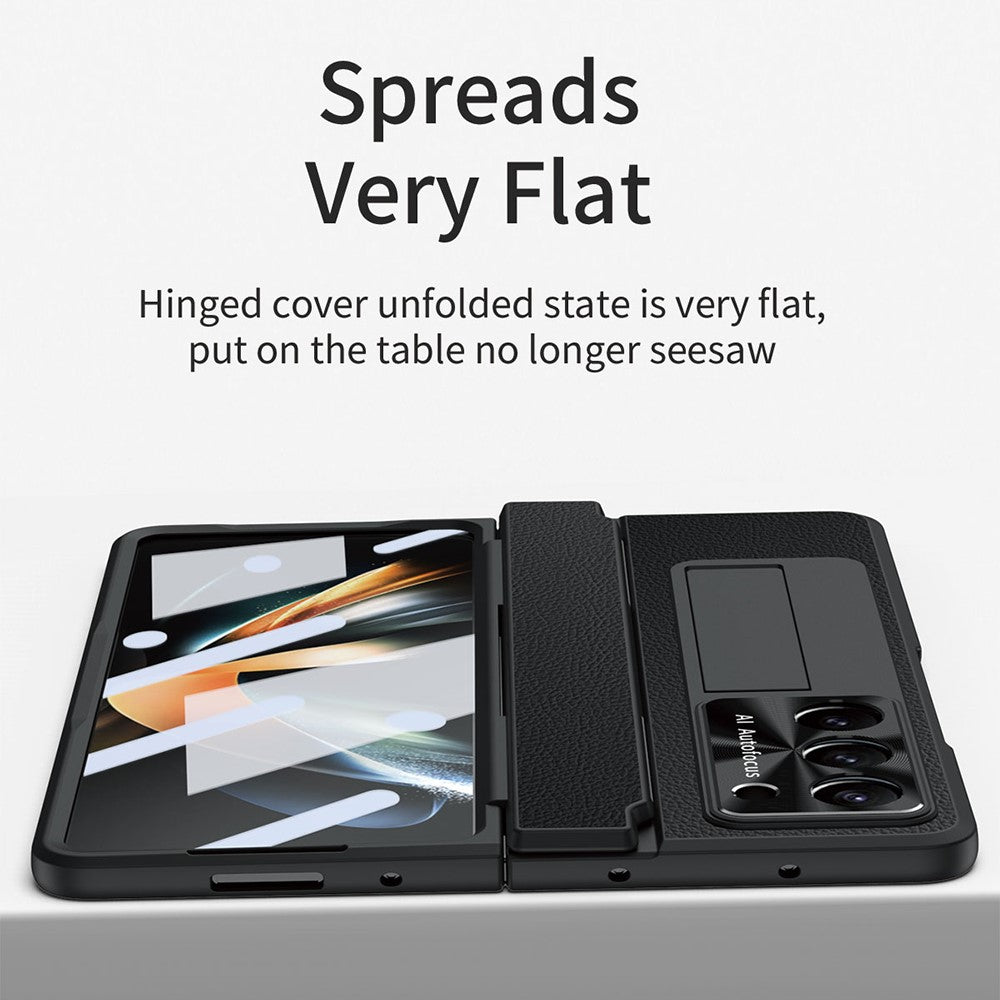 For Samsung Galaxy Z Fold5 5G Kickstand Phone Case PU Leather+PC Shockproof Protective Cover with Tempered Glass Film