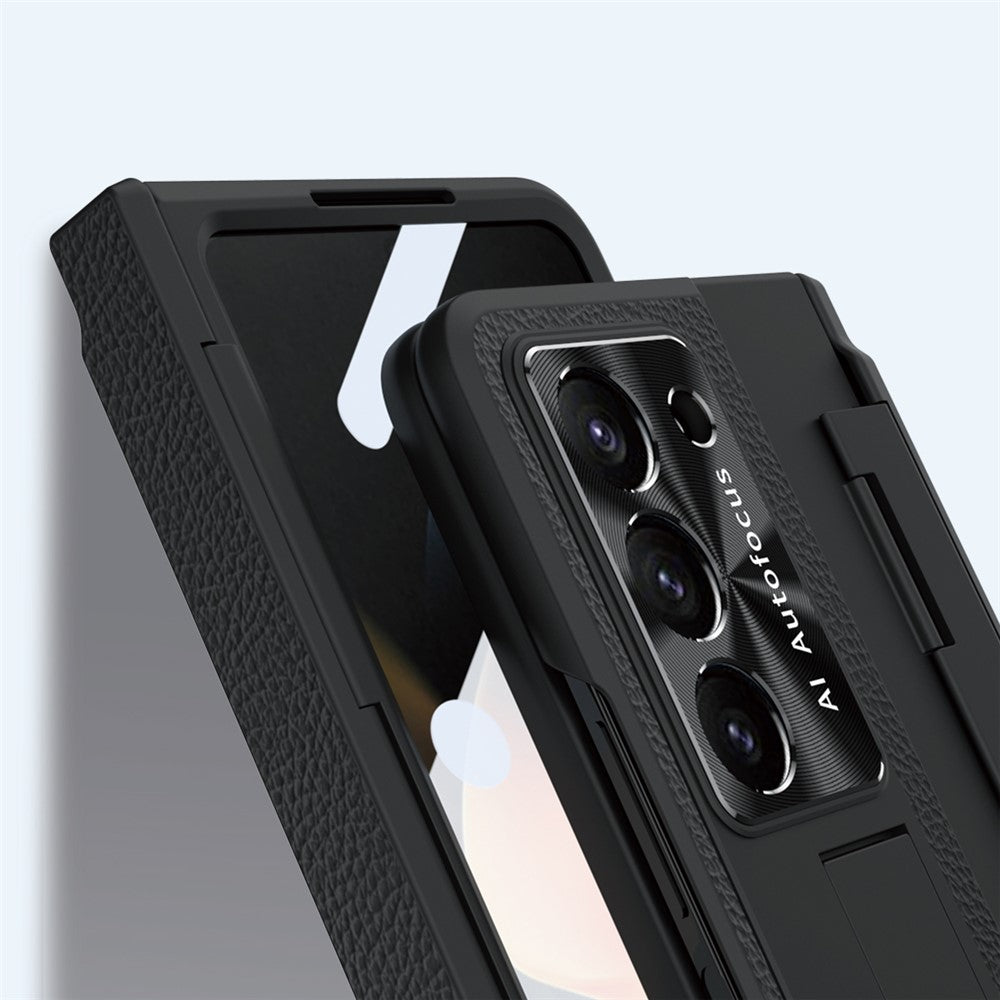 For Samsung Galaxy Z Fold5 5G Kickstand Phone Case PU Leather+PC Shockproof Protective Cover with Tempered Glass Film