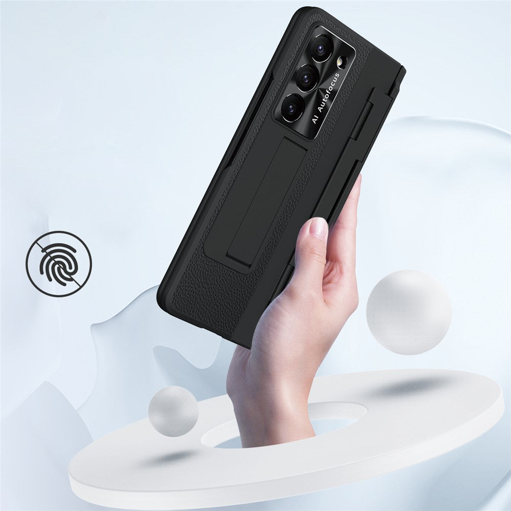 For Samsung Galaxy Z Fold5 5G Kickstand Phone Case PU Leather+PC Shockproof Protective Cover with Tempered Glass Film