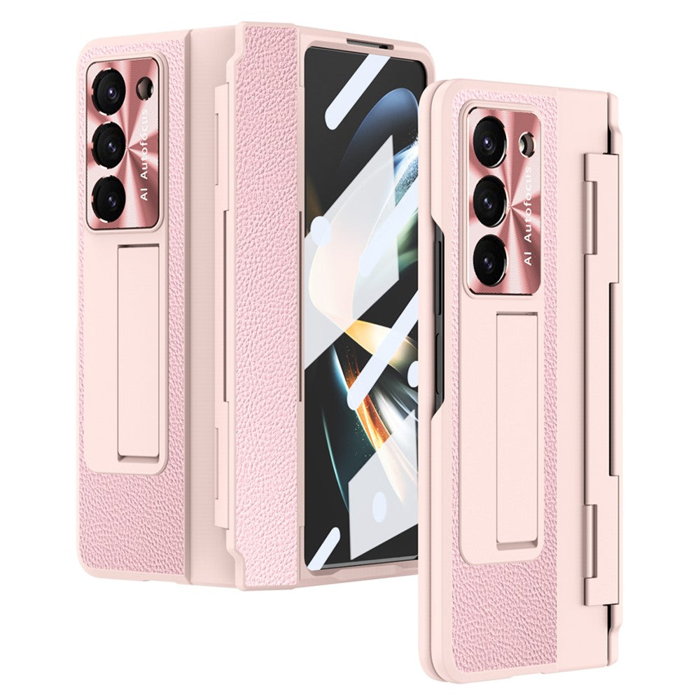 For Samsung Galaxy Z Fold5 5G Kickstand Phone Case PU Leather+PC Shockproof Protective Cover with Tempered Glass Film