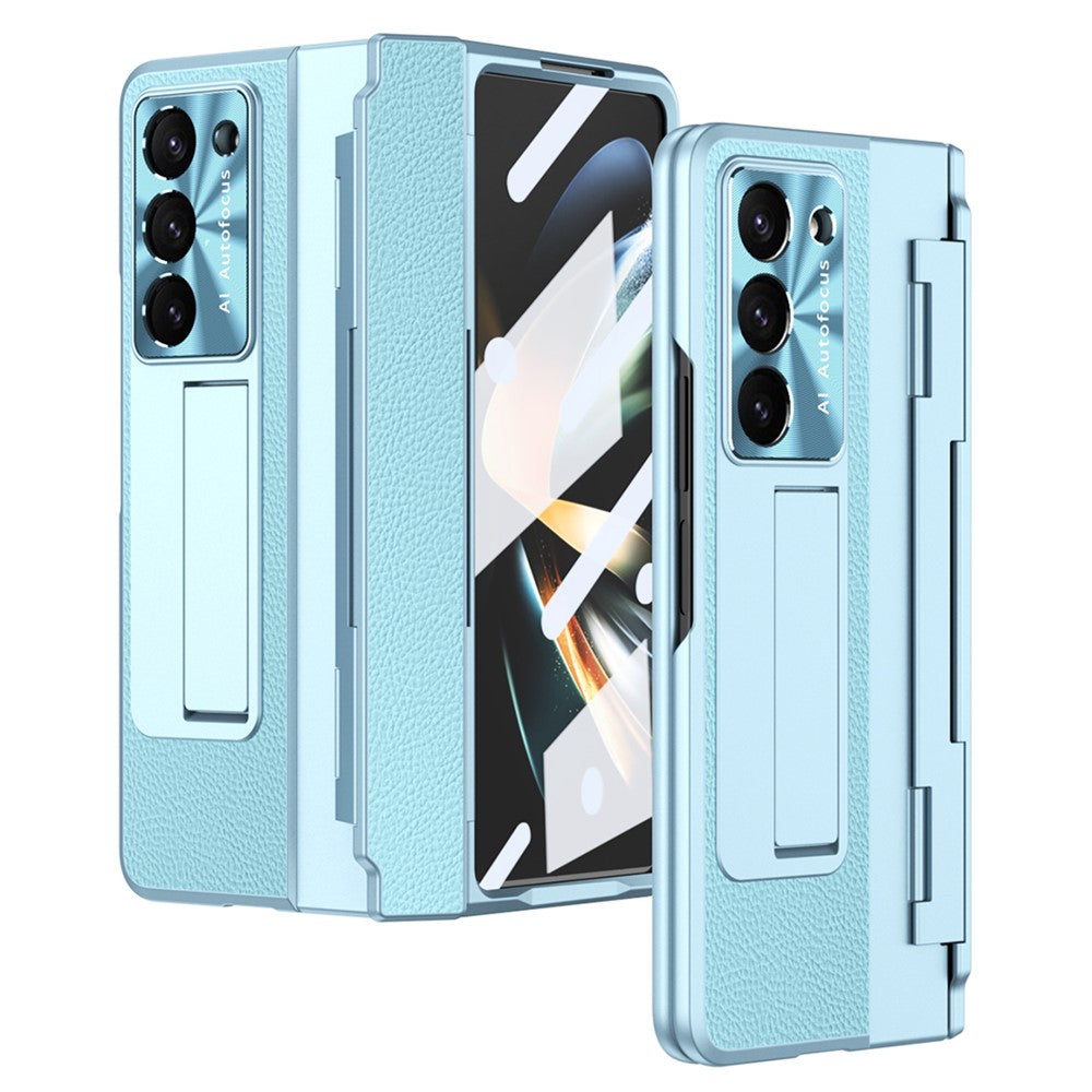 For Samsung Galaxy Z Fold5 5G Kickstand Phone Case PU Leather+PC Shockproof Protective Cover with Tempered Glass Film
