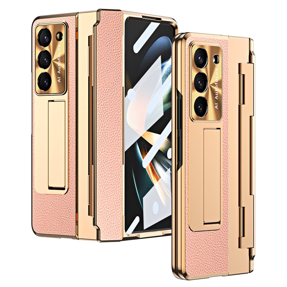 For Samsung Galaxy Z Fold5 5G Kickstand Phone Case PU Leather+PC Shockproof Protective Cover with Tempered Glass Film