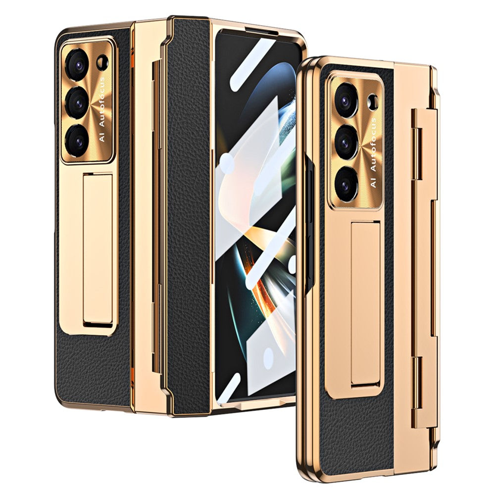 For Samsung Galaxy Z Fold5 5G Kickstand Phone Case PU Leather+PC Shockproof Protective Cover with Tempered Glass Film