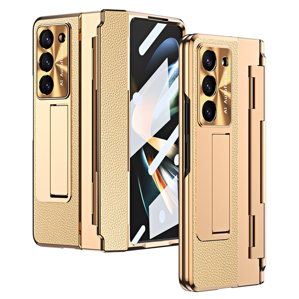 For Samsung Galaxy Z Fold5 5G Kickstand Phone Case PU Leather+PC Shockproof Protective Cover with Tempered Glass Film