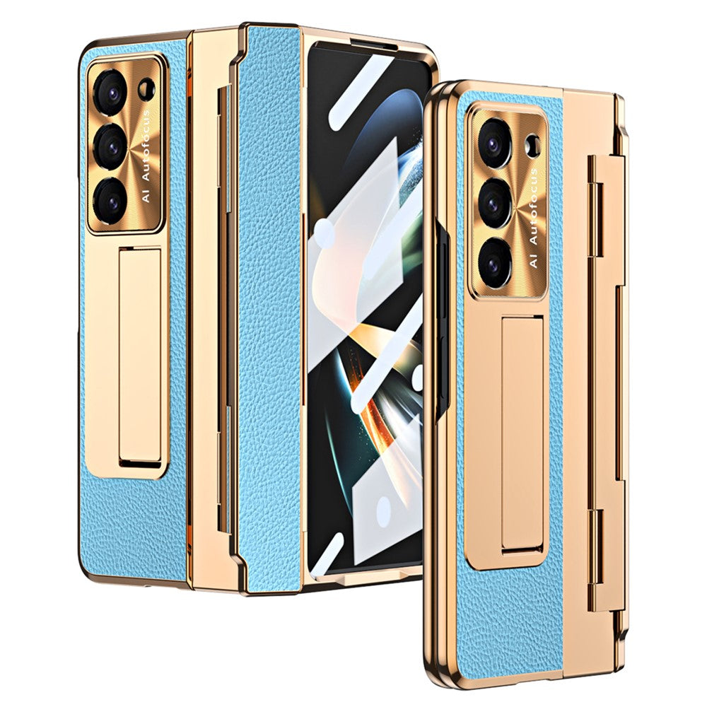 For Samsung Galaxy Z Fold5 5G Kickstand Phone Case PU Leather+PC Shockproof Protective Cover with Tempered Glass Film