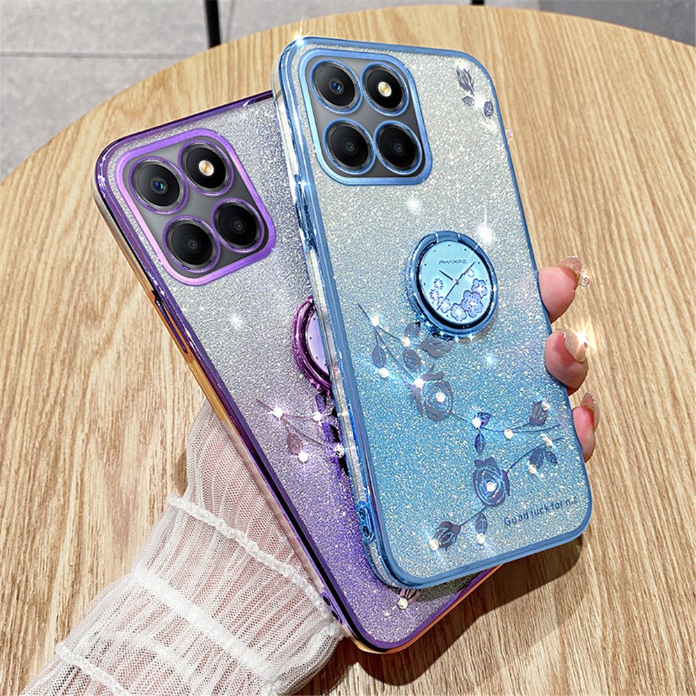 KADEM For Honor X8 5G / X6 4G / 70 Lite 5G Ring Kickstand TPU Case Gradient Glitter Flower Pattern Phone Cover