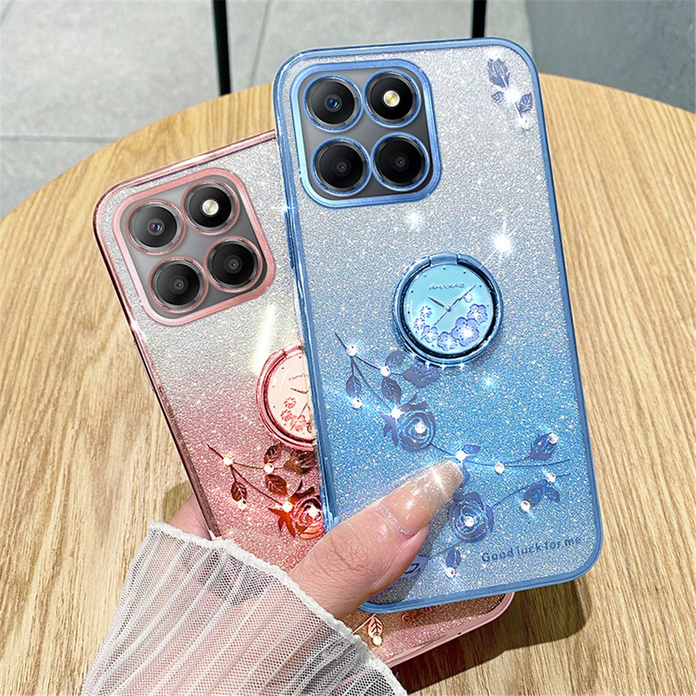 KADEM For Honor X8 5G / X6 4G / 70 Lite 5G Ring Kickstand TPU Case Gradient Glitter Flower Pattern Phone Cover