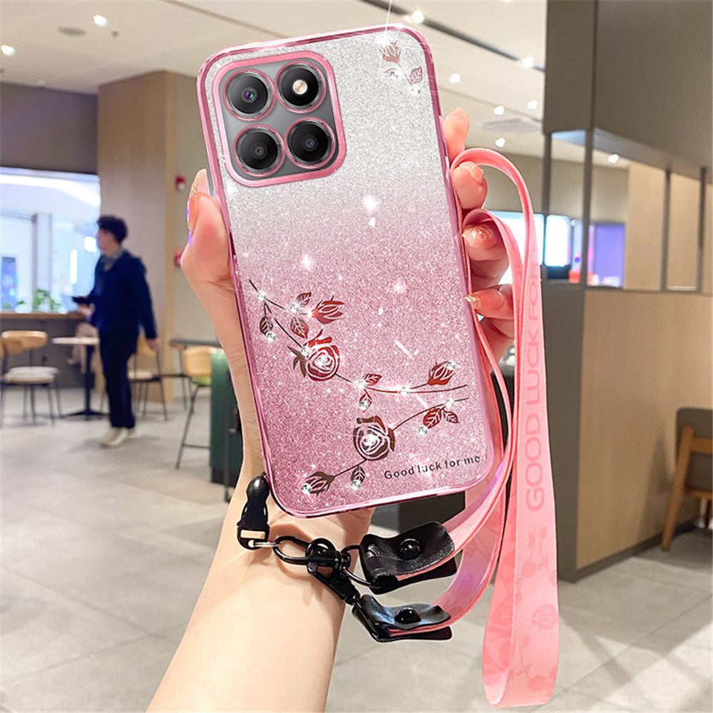 KADEM For Honor X8 5G / X6 4G / 70 Lite 5G Anti-fingeraftryk TPU Telefoncover Glitter Blomstermønster Gradient Cover med Rem