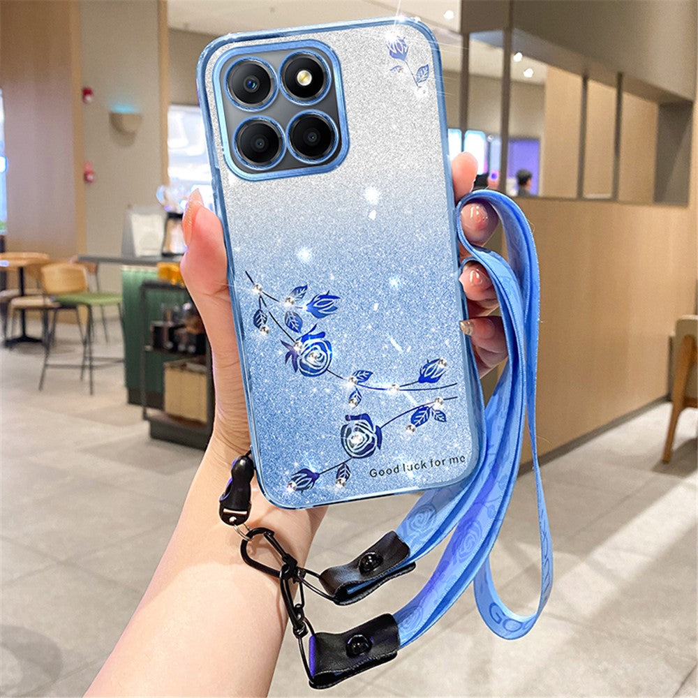 KADEM For Honor X8 5G / X6 4G / 70 Lite 5G Anti-fingeraftryk TPU Telefoncover Glitter Blomstermønster Gradient Cover med Rem