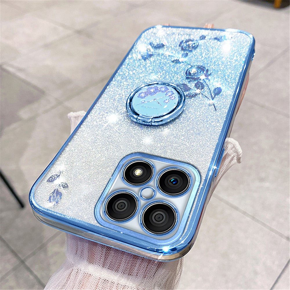 KADEM For Honor X8 4G / X30i Glitter Gradient TPU Phone Case Ring Kickstand Rhinestone Flower Anti-drop Cover