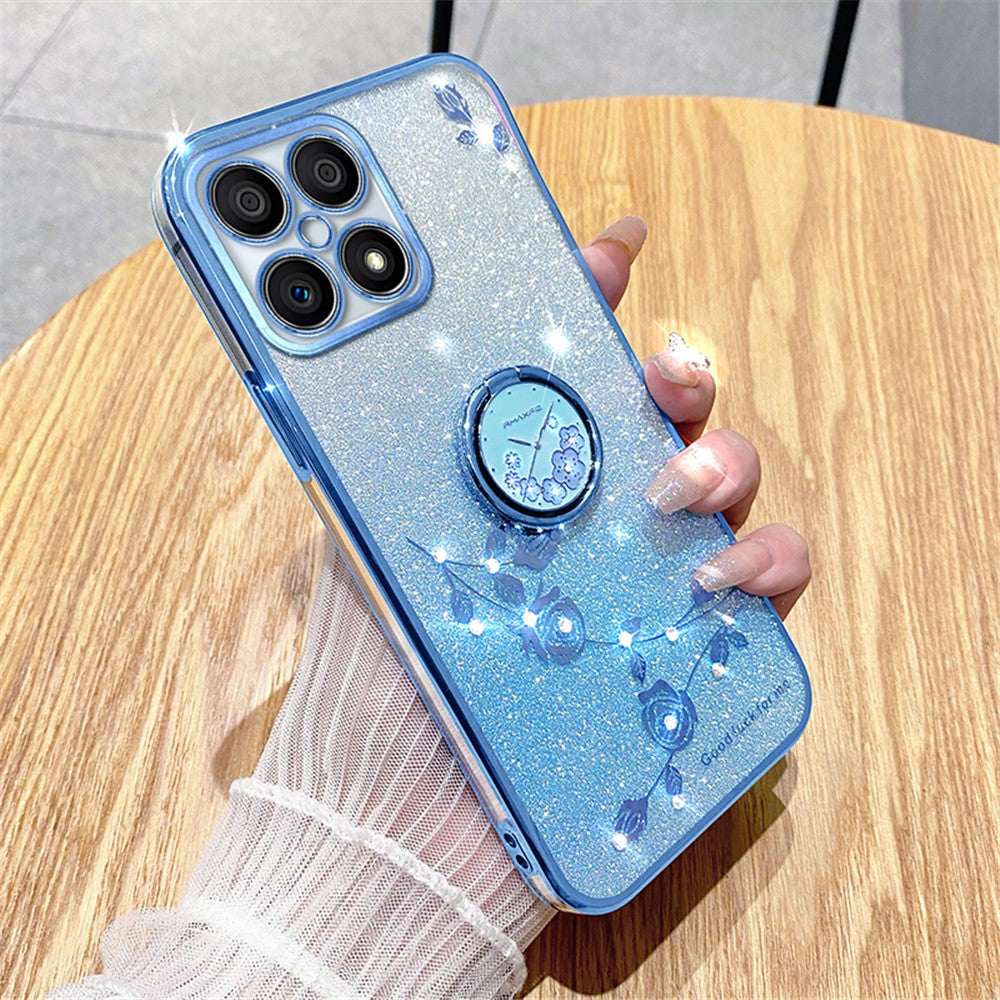 KADEM For Honor X8 4G / X30i Glitter Gradient TPU Phone Case Ring Kickstand Rhinestone Flower Anti-drop Cover