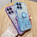 KADEM For Honor X8 4G / X30i Glitter Gradient TPU Phone Case Ring Kickstand Rhinestone Flower Anti-drop Cover