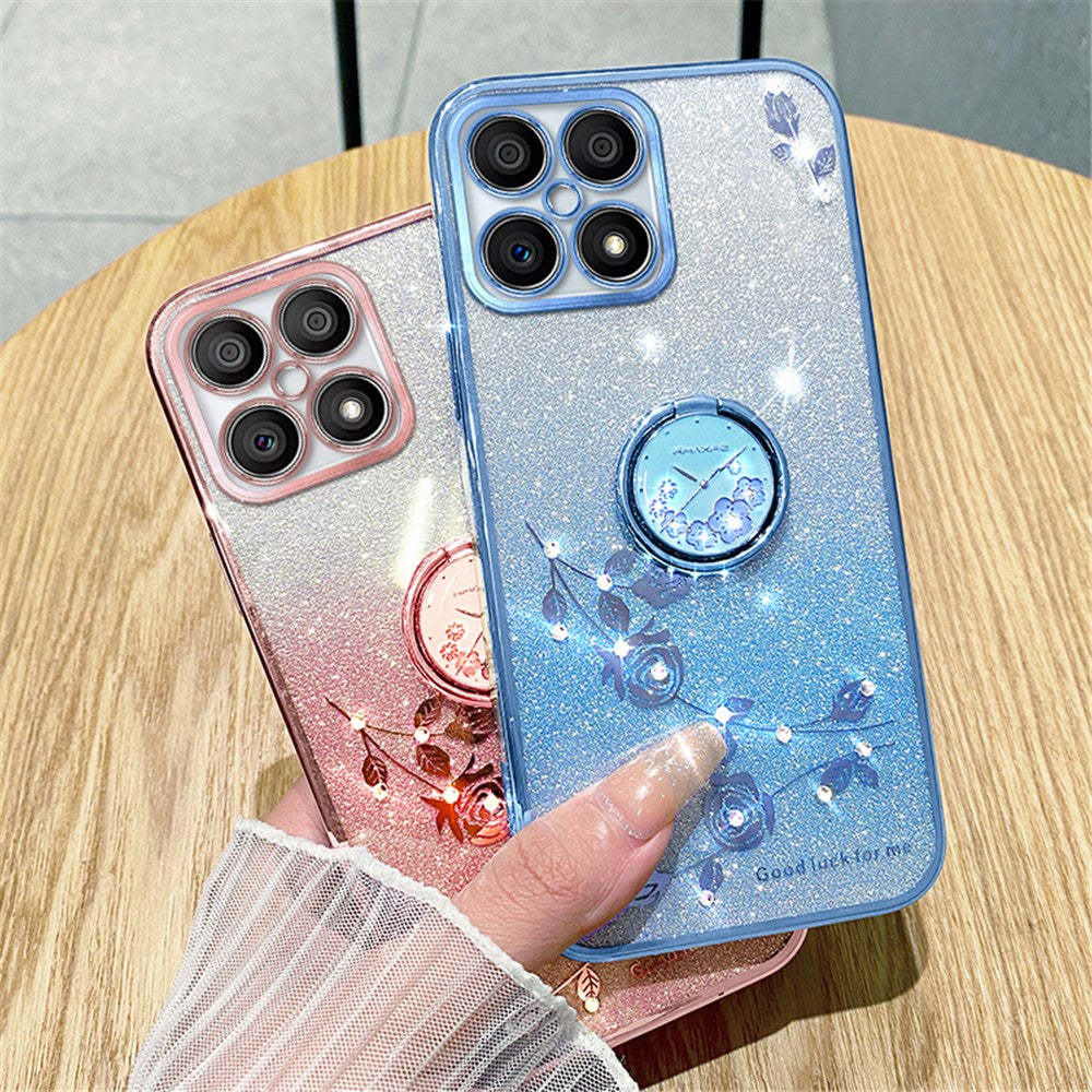 KADEM For Honor X8 4G / X30i Glitter Gradient TPU Phone Case Ring Kickstand Rhinestone Flower Anti-drop Cover