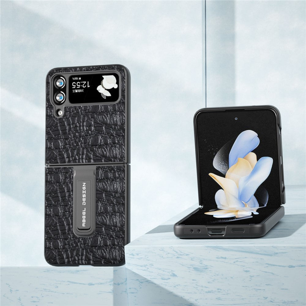 ABEEL For Samsung Galaxy Z Flip4 5G Protective Cover Genuine Cow Leather+PC Kickstand Phone Case