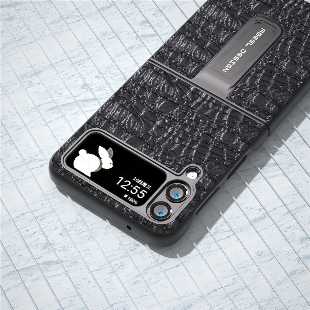 ABEEL For Samsung Galaxy Z Flip4 5G Protective Cover Genuine Cow Leather+PC Kickstand Phone Case