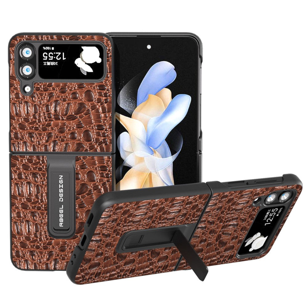 ABEEL For Samsung Galaxy Z Flip4 5G Protective Cover Genuine Cow Leather+PC Kickstand Phone Case