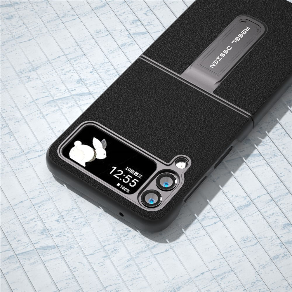ABEEL til Samsung Galaxy Z Flip4 5G Ægte okselæder+PC telefoncover, foldbart støtteben