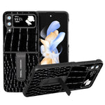 ABEEL For Samsung Galaxy Z Flip4 5G Kickstand Armor Cover Genuine Cow Leather+PC Crocodile Texture Phone Case
